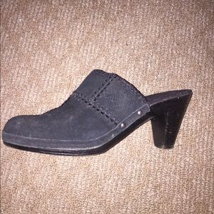 BLACK SUEDE WEDGE SLIDES, like new condition